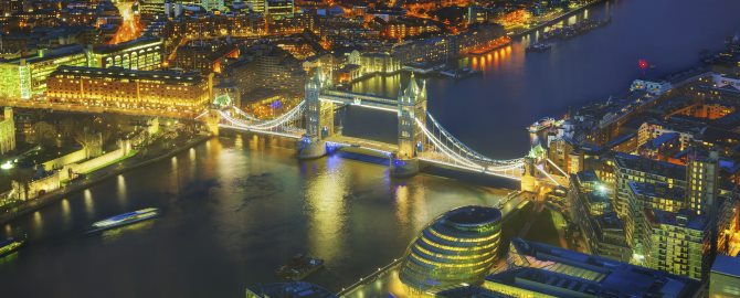 Aerial overview of London city with the Tower bridge at the night time