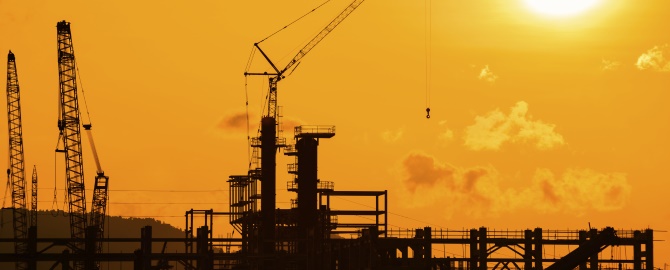 Silhouette of construction site on evening background