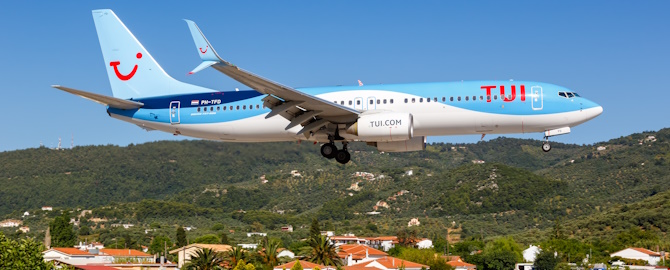 TUI Boeing 737 800 airplane Skiathos airport in Greece